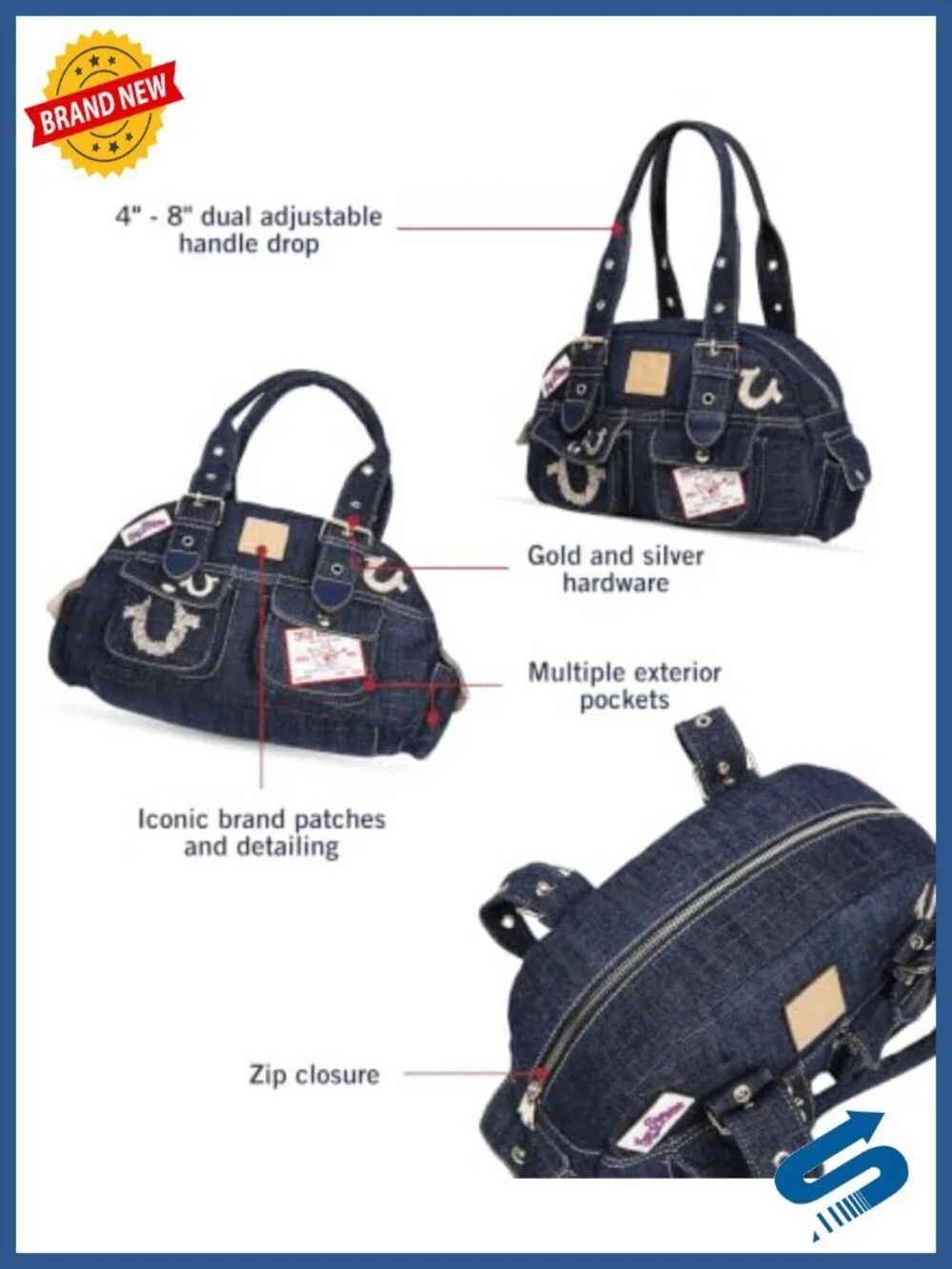 Designer Denim Satchel with Embroidered Horseshoes and Patches